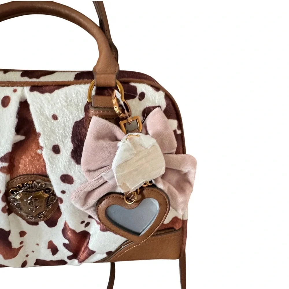 Juicy Brown Cow Western Chic Satchel Bag Crossbody Strap Charm Bag Bow Heart NWT